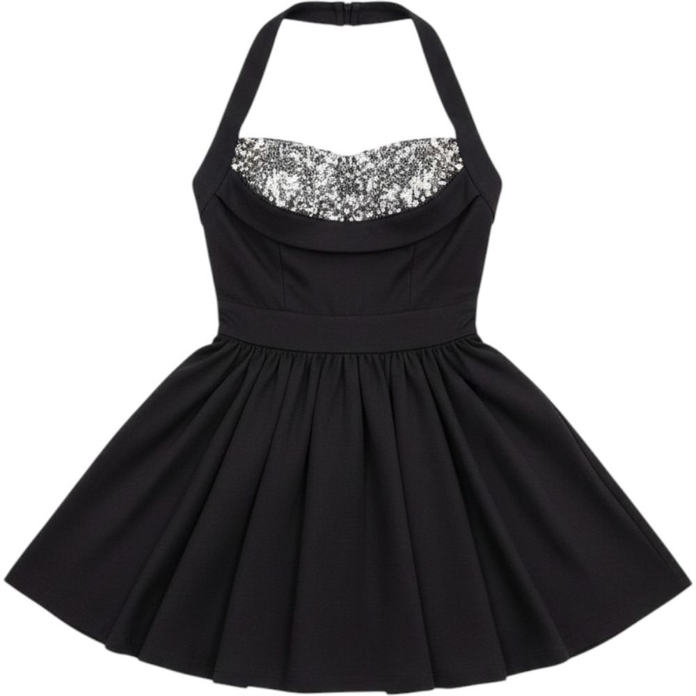 Y2K Marc by Marc Jacobs Black Sequin Halter Fit‎ and Flare Knit Dress Large